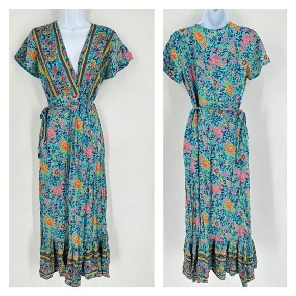 Boutique Short Sleeve Boho Floral Mixed Print Maxi Wrap Dress Boho Blue Small Ru - Picture 2 of 10